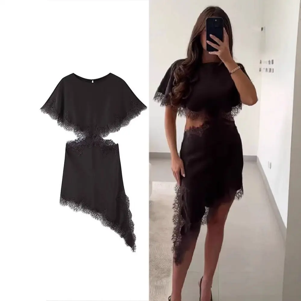 Asymmetric Lace Party Dress Set   Autumn/Winter Women's Fashion Lace Trimmed Waist-Exposed Opening Design Spliced Dress   Korean-Style Dress