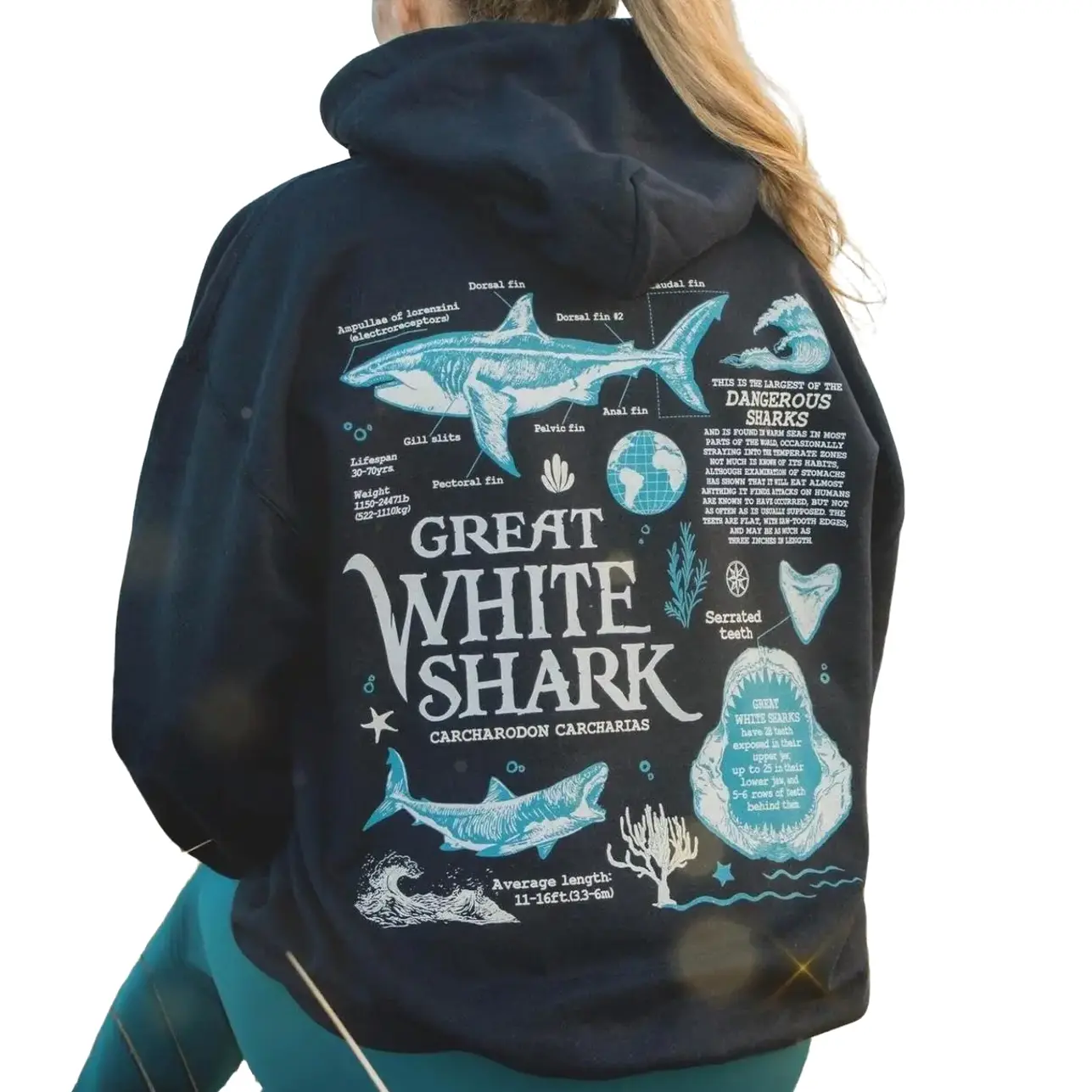 Retro Great White Shark Biology Hoodie | Vintage 90s Y2k Oceancore Aesthetic, Cute Baggy Beach Sweater, Gift For Marine/Wildlife Biologist