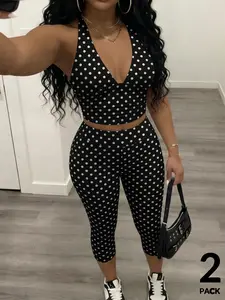 TikTok Viral 2026 Women's 2 Pack Polka Dot 2 Piece Outfit Sets, Halter Neck Deep V Sleeveless Crop Top + High Waisted Capri Leggings - Y2K Retro Aesthetic Streetwear, Soft Stretchy Fabric for Club, Festival, Daily Wear, Brunch, Vacation Summer Outfits
