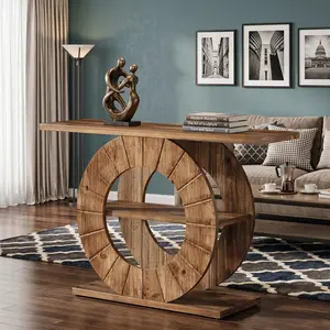 41" Solid Wood Console Table with 3-Tier Storage Shelves, Farmhouse Style, Carved Circle Base, Rustic Brown Finish, Suitable for Living Room, Hallway, Foyer, Practical Storage & Decorative Accent Table