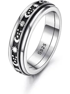 1 Pc 925 Sterling Silver Anxiety Rings Fidget Band Ring Rings Fidget Rings for Anxiety Cletic Floral Moon Star Spinner Ring for Women Men Anxiety Relief Ring
