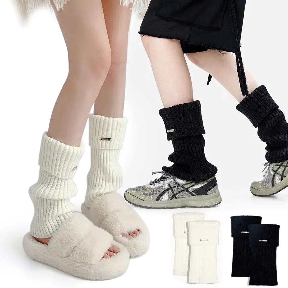 Y2k Knit Leg Warmers for Women & Girls (1/2Pcs) – Ruffle Design with Sequin, Kawaii Long Sock Style, Winter Warmth, Goth Harajuku Accessories (White/Black)