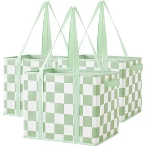 Checkered  Grocery Bags Heavy Duty 3 Pack Foldable Shopping Bags with Handles for Groceries Collapsible Tote