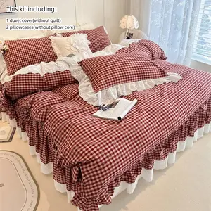 French-Style Plaid Classic Ruffle Bedding Set, Includes Duvet Cover & Pillowcases, Soft Comfortable Home Bedroom Decor, Decorative Bedding Set