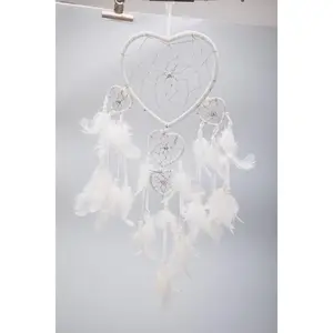 19" Traditional White Dream Catcher with Feathers Wall or Car Hanging Ornament Five Hearts