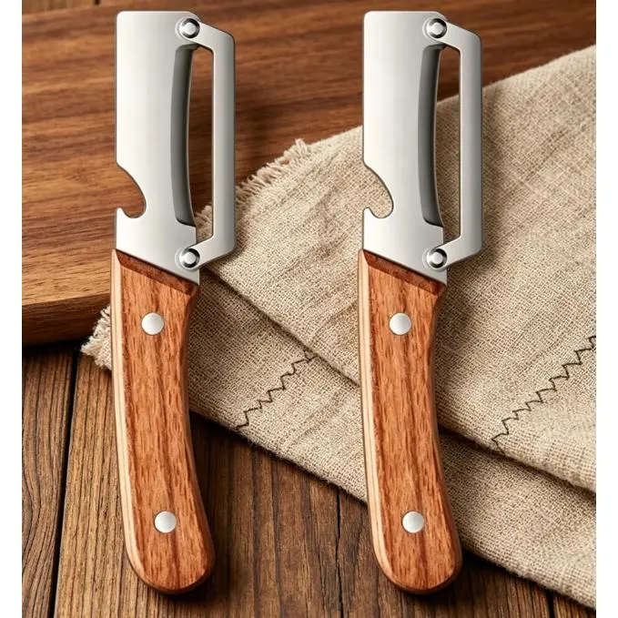 2PCS Multipurpose Labor-Saving Kitchen Peelers Set - Stainless Steel 2-in-1 Wooden Handle Utensils, Built-In Opener, Compact & Easy to Store, Durable, Smooth Peeling for Fruits & Vegetables, Practical Gift for Moms, Wide Versatility, Sturdy, Multipurpose