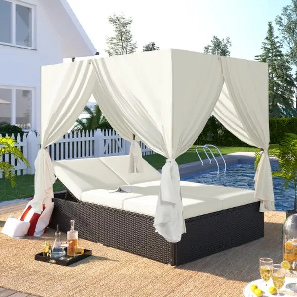 2-6 People PE Rattan Outdoor Daybed, Adjustable Patio Chaise Lounge with Four-Sided Canopy, Overhead Curtain & Beige Cushions, Weather Resistant Wicker Sectional Sofa for Poolside, Garden & Backyard