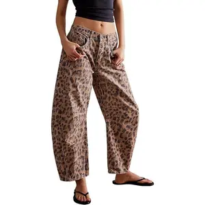 Women's Vintage Baggy Barrel Jeans Leopard Printed Wide Leg Denim Pants Mid Rise Boyfriend Style Soft Comfortable Daily Casual Fashion Bottoms