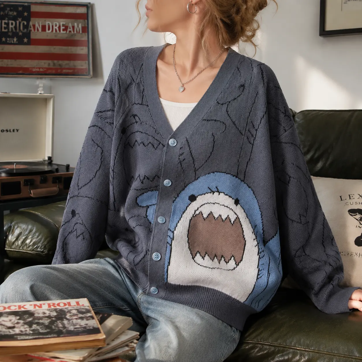 Women's Unisex Trendy V Neck Button Up Cardigan, Womenswear Knitwear with Playful Shark Cartoon Jacquard Knit Design, Premium Soft Fabric Loose Fit Casual Streetwear Top for Daily Comfort Womenswear Knitwear Fashion