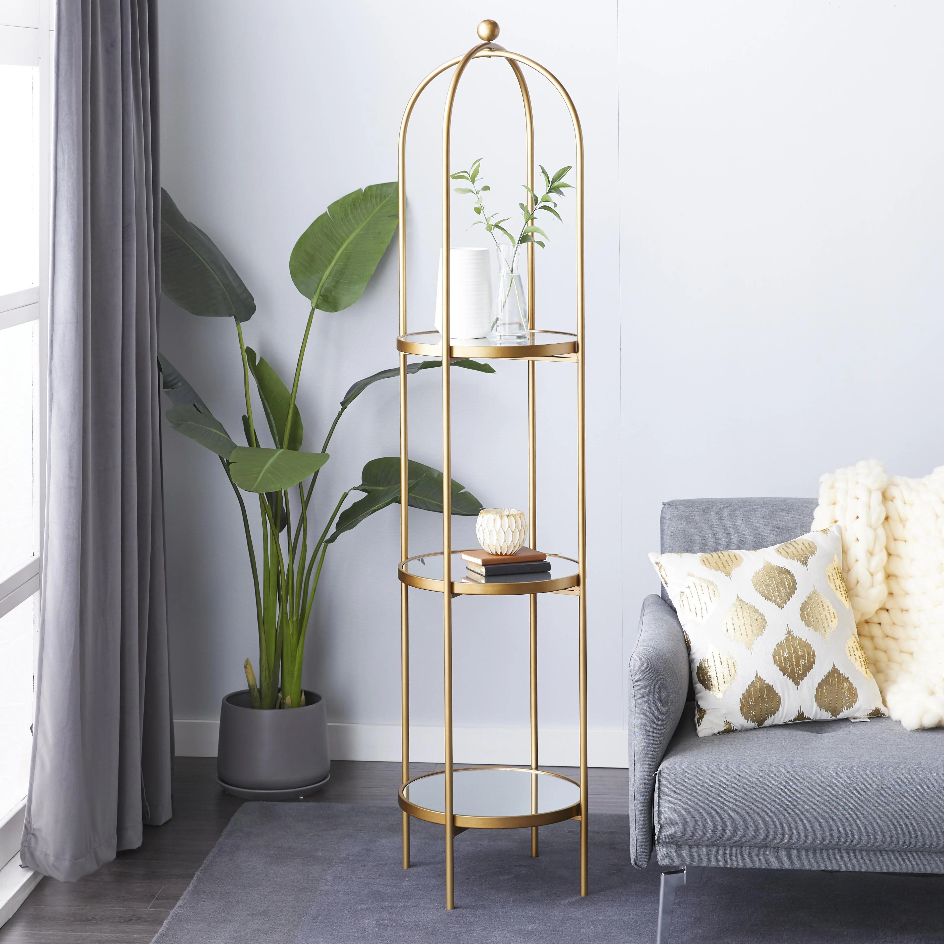 Gold Metal  3 Shelf Storage Shelving Unit with Mirror Shelves, 18" x 18" x 73"