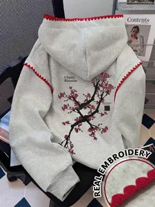 Women's Casual Sakura Print Hoodie, New York Theme Flower Drawstring, Color Block Design, Fall Winter Fashion