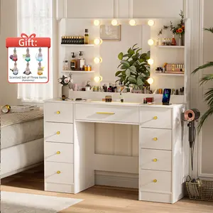 LAKEMID Modern Glass Top Vanity Set with Large Mirror Drawers Power Outlet 3 Color Adjustable Lighting for Bedroom White Design Desk LED Lights sound sync transparent gifts wives Charging Station RGB Makeup vanity desk 【Summervibes】