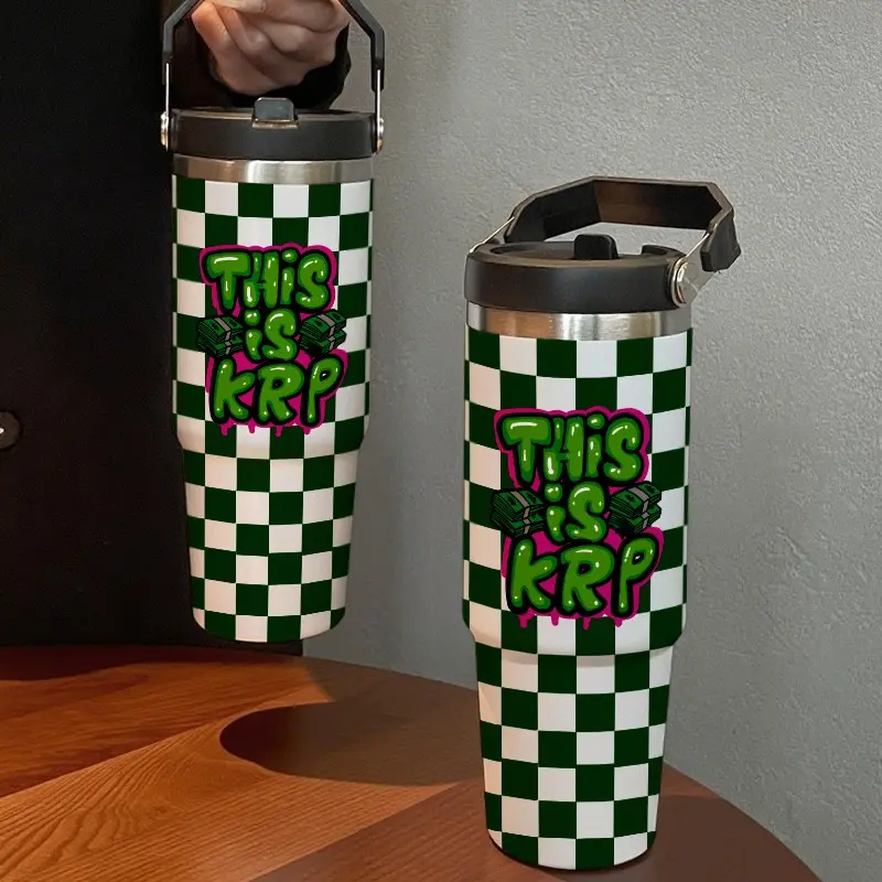 30oz Portable Insulated Water Bottle Tumbler with Straw, Unique Checkerboard Pattern, Stainless Steel Coffee Cup for Sports Travel, Perfect Gift for Hot & Cold Beverages