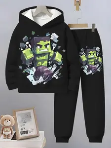 3D Pixel Print Kids' Set, Loose Hoodie and Sports Pants, Long Sleeve Slim Fit, Spring & Fall Casual Wear, New Arrival