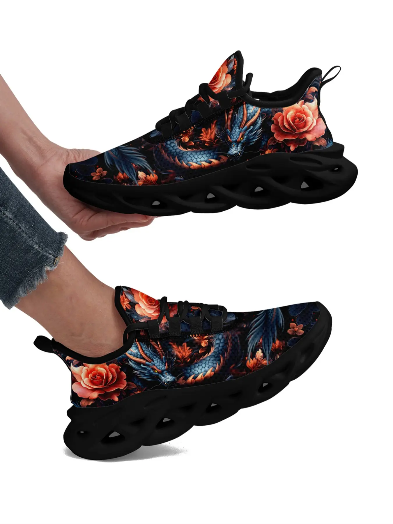 Women's Lace-Up Sneakers, Walking Shoes, Chinese Dragon Design Eastern Art-Inspired, Comfortable Footwear, Street Style Shoes for Streetwear and Casual Outfits