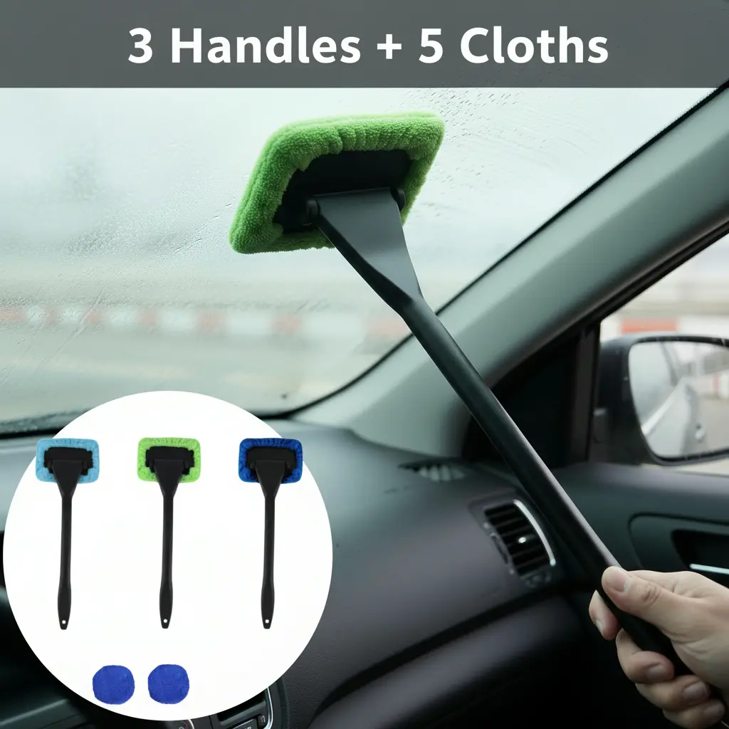 Car Detailing Kit - 5 Washable Reusable Microfiber Pads, 3 Handles, Windshield Cleaner, Car Interior Glass Surface Cleaning Accessory