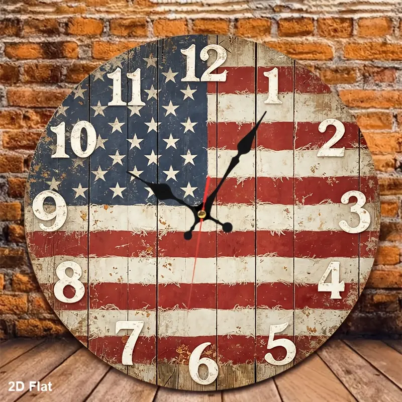 1pc American Flag Wall Clock 12 Inch Silent Non-Ticking Suitable for Nursery, Room, Kitchen, Office, School - Wood Frame with American Flag, Battery Operated (AA Required Not Included) for Home Gifts, 2D Flat