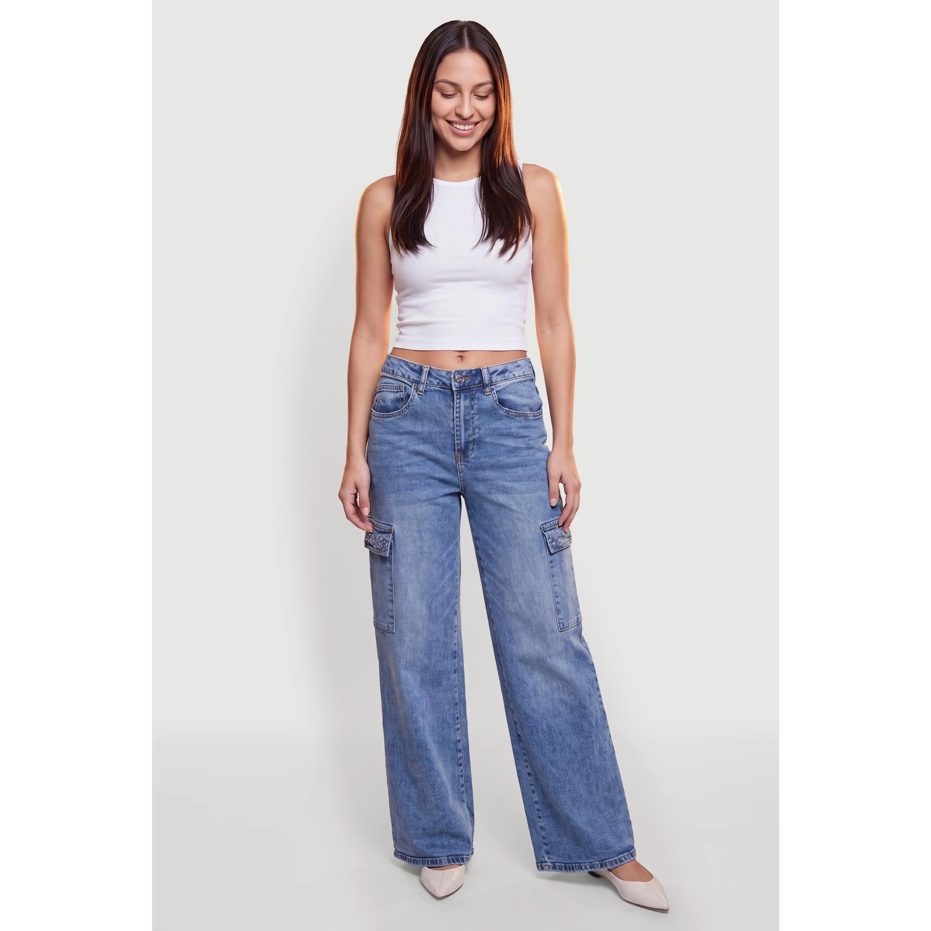 Rhinestone Cargo Pocket Wide Leg Jeans