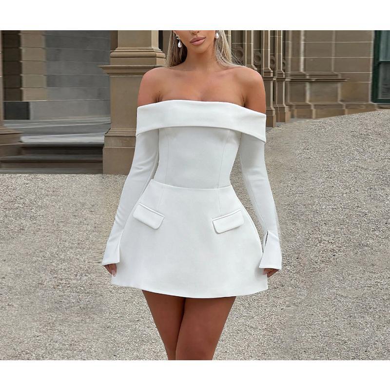 Fashionable Elegant Backless Off-Shoulder Tube Top Slim Fit Long Sleeve A-Line Dress for Women Formal Womenswear  Basic Minimalist White sundress
