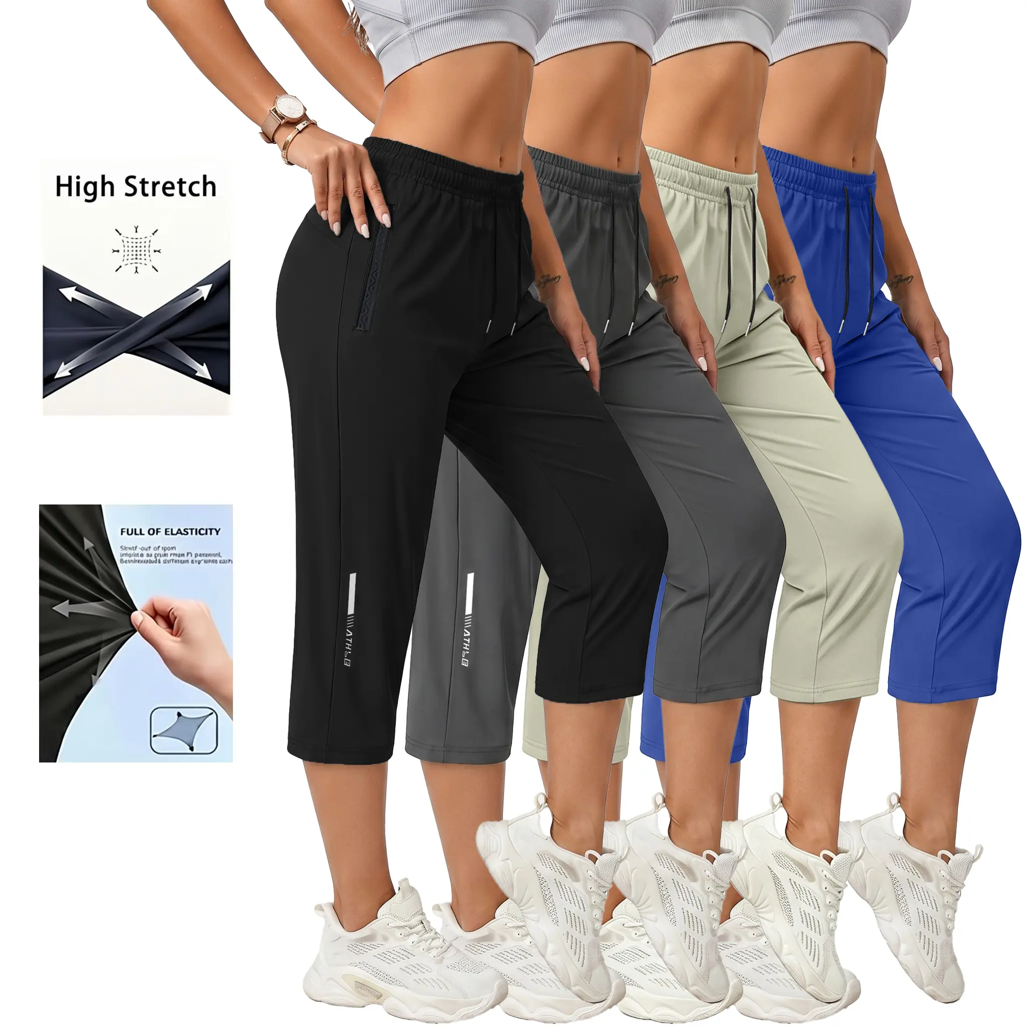 4-pack women’s casual, comfortable loose pants—recommended for summer beach trips and vacations; includes pockets, stretchy fabric, and a summery vibe; seven-eighths length for women. Activewear Athletic