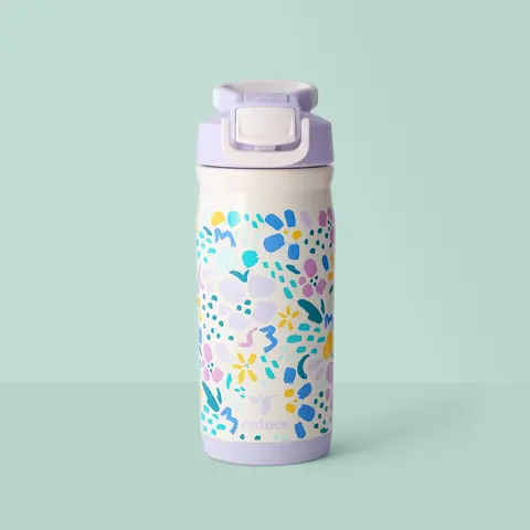 Reduce Hydrate Pro 14oz Kids Floral Food-Safe BPA-Free Durable Plastic Water Bottle - Spill-Proof Soft Built-In Straw Lid, Anti-Leak, Lightweight, Portable, Washable School Drinkware, Fits Water Juice Sports Drinks
