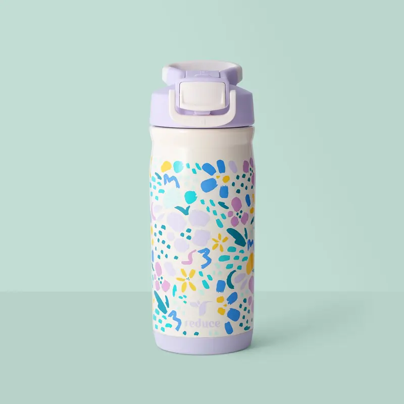 Reduce Hydrate Pro 14oz Kids Floral Food-Safe BPA-Free Durable Plastic Water Bottle - Spill-Proof Soft Built-In Straw Lid, Anti-Leak, Lightweight, Portable, Washable School Drinkware, Fits Water Juice Sports Drinks