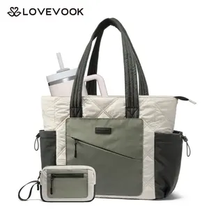 【Mother's Day Gift】LOVEVOOK Tote Bag for Women, puffer tote bag for Work Travel Nurse, Lightweight quilted Bags with Compartments Summervibes