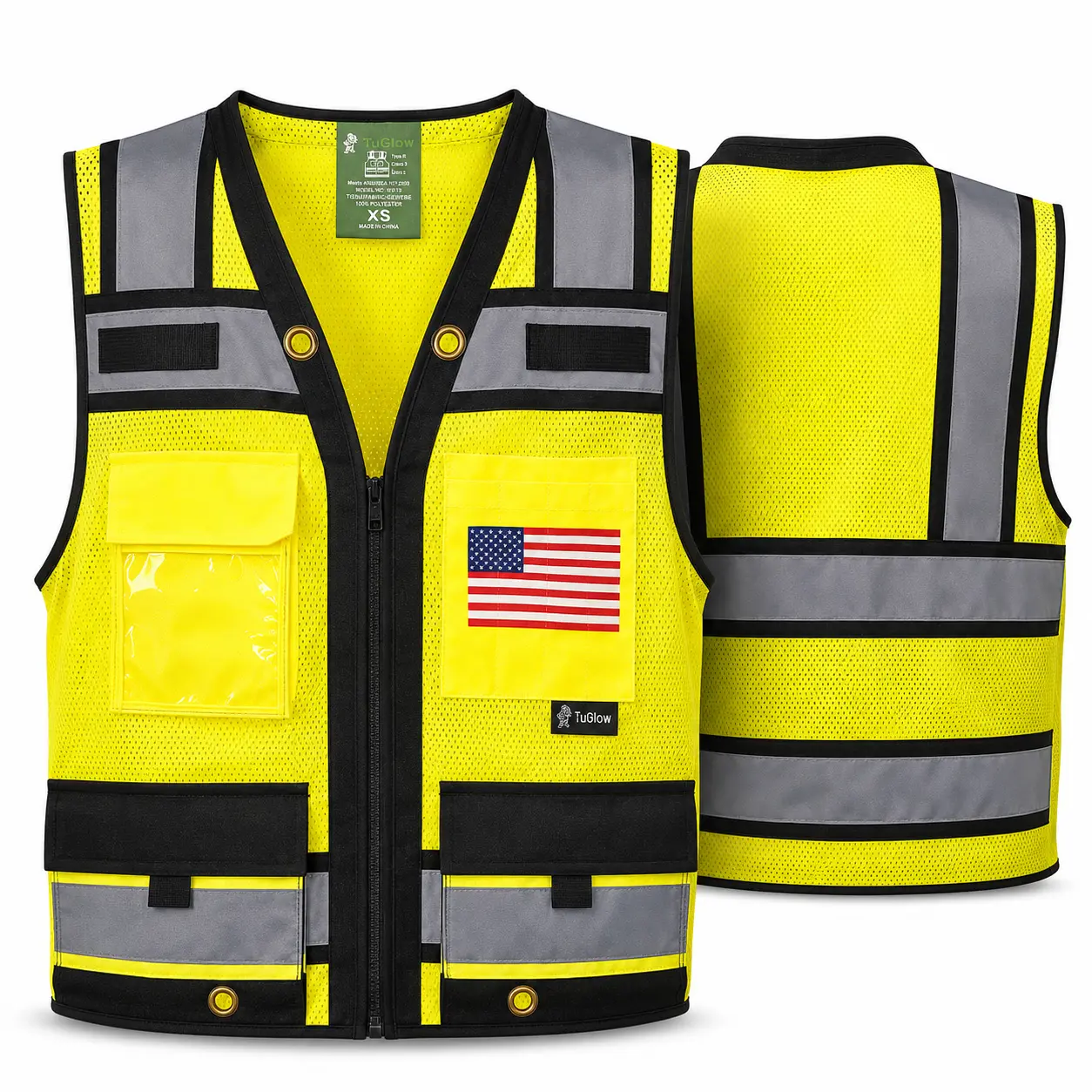 Superintendent Vest with custom USA Flag or other flags, High Visibility Reflective Safety, Mesh Safety Vest with Zipper and Multi pockets AMERICAN SIZE