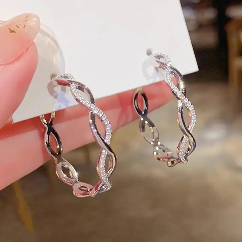 Elegant Rhinestone Decorated Braid Deign Hoop Earrings, Fashionable Earrings for Women, Trendy All-match & Exquisite Jewelry for Birthday Gift, Versatile Earrings, Hoop Shape Earrings, Ear Hoops