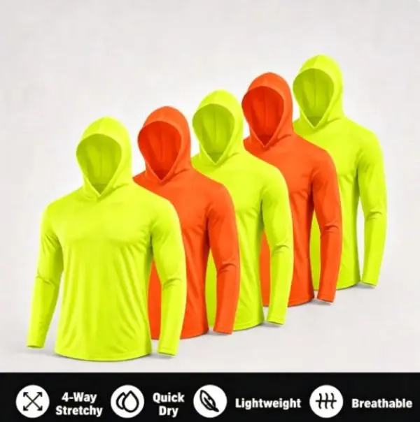 5 SHIRT PACK Hi Vis Long Sleeve Safety Shirt With Hoodie, Quick Dry Polyester Birdeye mesh / Ultra lightweight hoodie shirt Reflective Thin Pullover Long sleeves ( 5 SHIRTS PER ORDER)