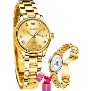 OLEVS Women's Watch Gold Diamond Classic Elegant Dress Wrist Watch Stainless Steel Waterproof Day Date