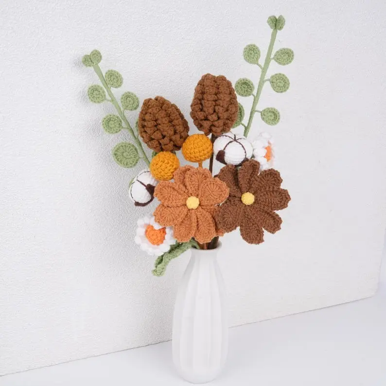 Autumn Crochet Flower Bouquet,Brown Gerbera,Hand Made,Knitted Flower Arrangement,Home Decor-Fall Winter Specail, Christmas Home Decor