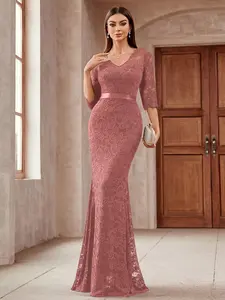 Miusol 53289 Women's Classy V Neck Full Lace 3/4 Sleeve Formal Party Maxi Wedding Dress in Cinnamon Pink for Summer Weddings & Graduations