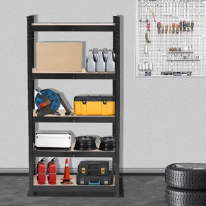 5-Layer Black Metal Rectangle Storage Shelf with Rubber Pads, Adjustable Powder Coated Steel & MDF Board Heavy Duty Organizer Rack (25+ kg Capacity) for Home Kitchen Organization, 150x70x30cm tiktokshopspringglowup