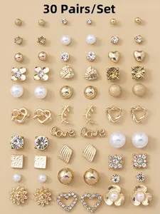 30 Pairs/Set Fashion Heart Flower Bow Design Earrings Rhinestone Decor - Stackable Stud Earrings for Women & Man, Delicate Jewelry Perfect for Engagement Weddings, Daily Wear Mother's Day Gift