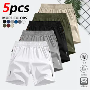 Clean Gent 5-piece set of men's solid-color zipper pocket shorts, casual, comfortable and breathable summer shorts, daily wear sports running bottoms, quick-drying and sweat-absorbing, regular version