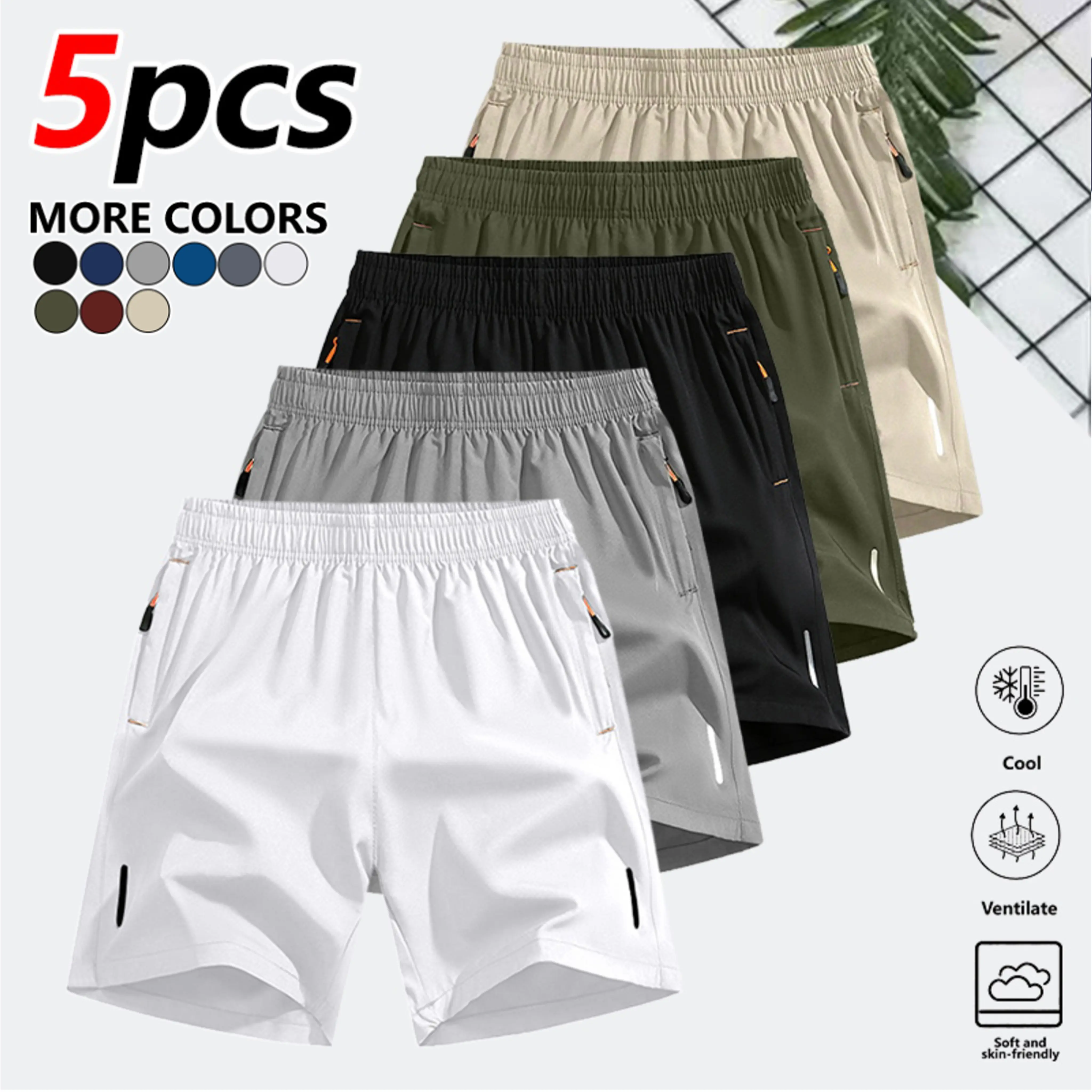 Clean Gent 5-piece set of men's solid-color zipper pocket shorts, casual, comfortable and breathable summer shorts, daily wear sports running bottoms, quick-drying and sweat-absorbing, regular version