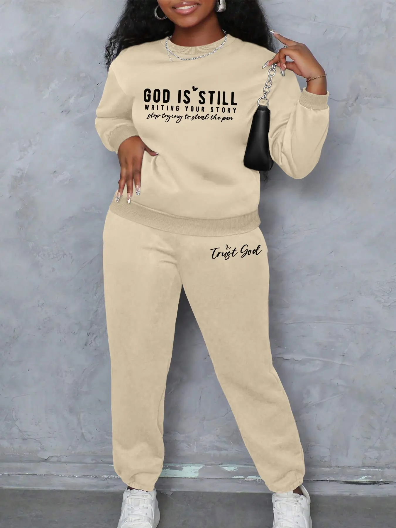 GOD IS STILL Printed pattern Women's Casual Loose Fit Sporty Set, Round Neck Long Sleeve Pullover & Pants, Comfortable Daily Wear for Sports & Outdoor Activities