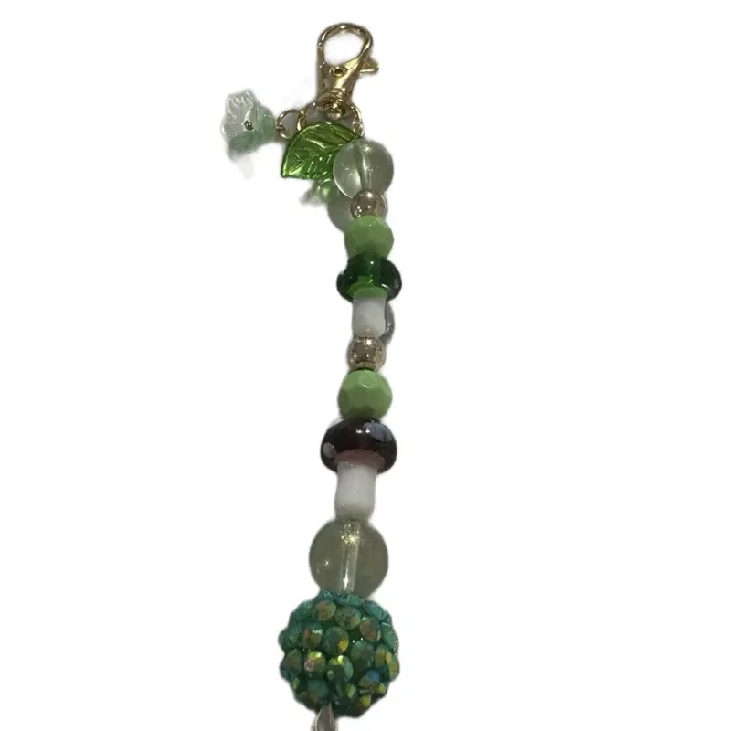 Stunning Keychain with Mushroom Charms and a Flow Charm Featuring Green and White Beads