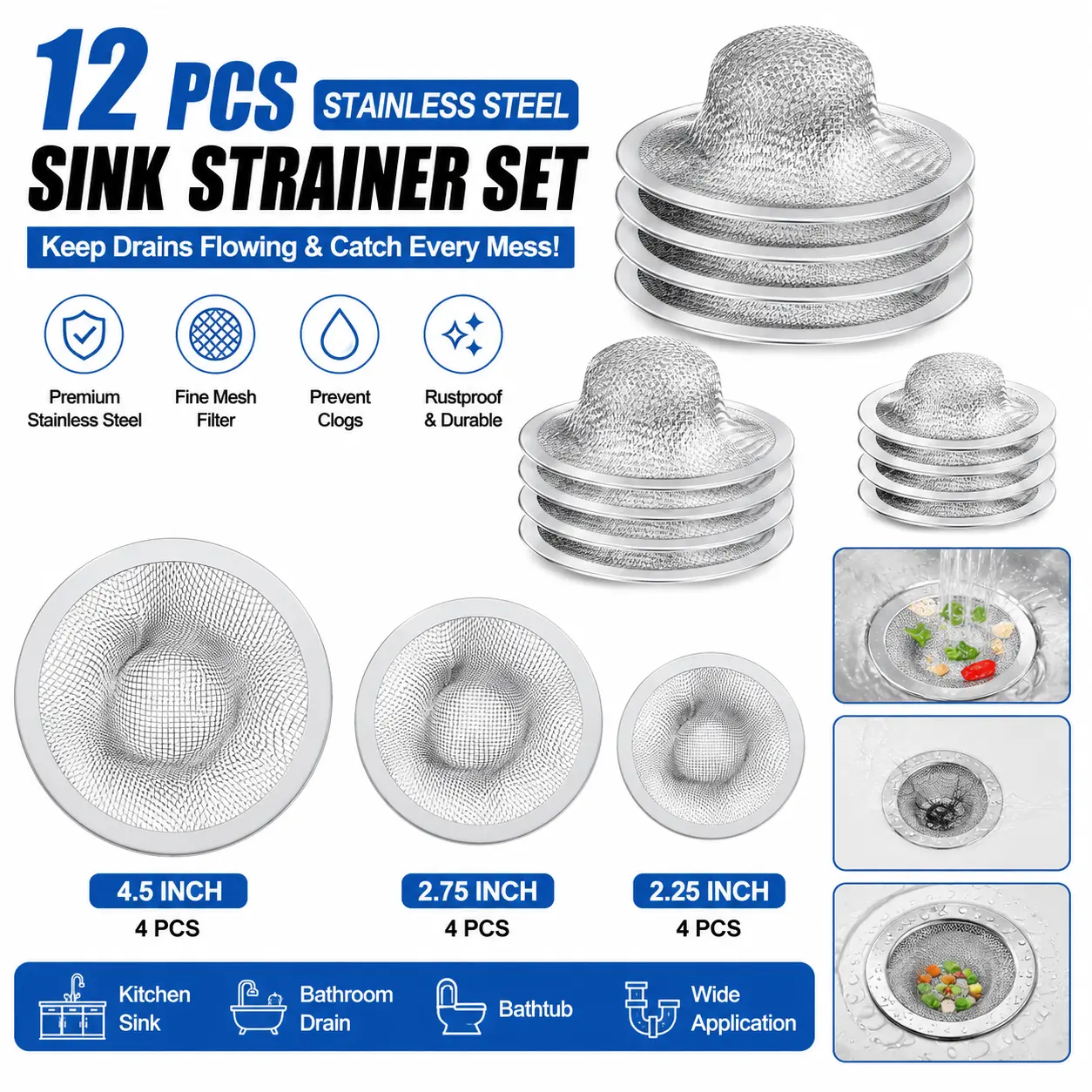 12 Pieces Stainless Steel Sink Strainer Drain Strainer with 4.5/2.75/2.25 Inch for Sink Drainage Kitchen Bathroom Bathtub Drain Screen