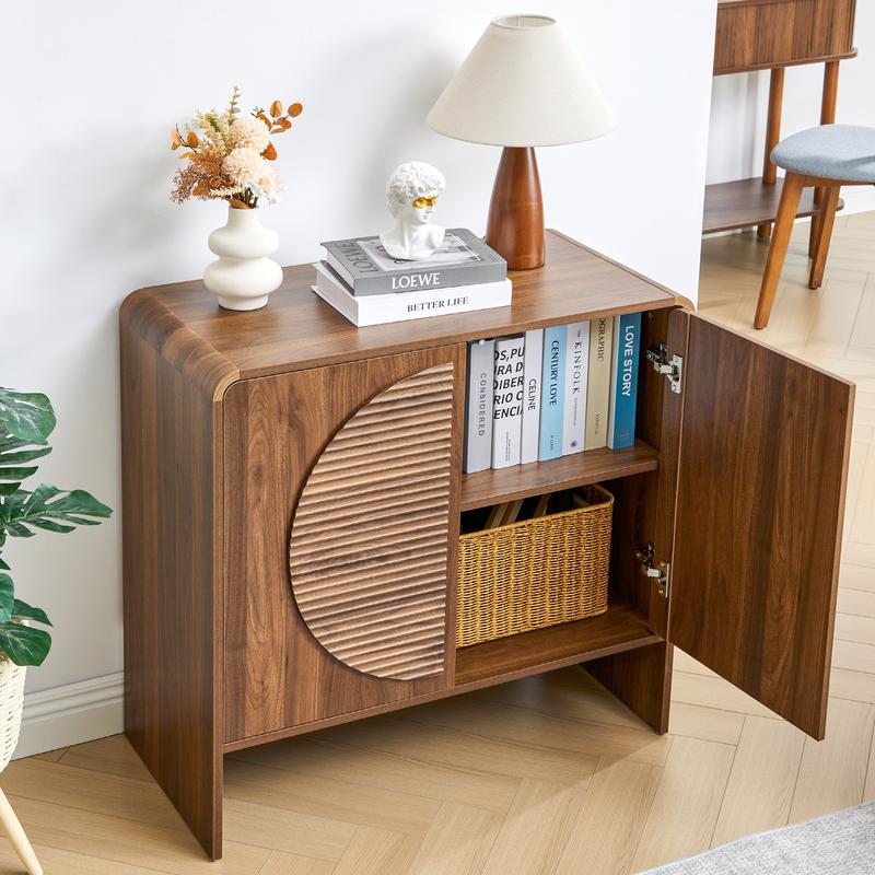 Giratree Mid-Century Fluted Wood Sideboard Buffet – 31" Curved Storage Cabinet with Round Textured Doors & Adjustable Shelves, Brown Accent Credenza for Living Room or Kitchen