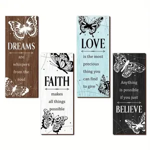Butterfly & Letter Pattern Wooden Sign, 4 Counts/set Inspirational Quote Wooden Sign, Wall Decor, Rustic Encouragement Signs for Home Decor, Rustic Farmhouse Design, Signage