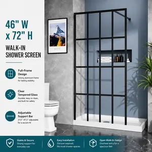 46" W x 72" H Walk-in Shower Screen, Full-Frame Matte Black Shower Panel, 5mm Clear Tempered Glass, Adjustable Support Bar, Open Entry Wet Room Shower Screen