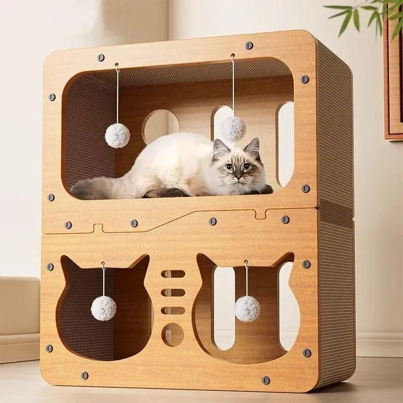 作家様、ベアーandキャット 小物セット FANJUN-AMTECH 2-in-1 Wooden Cat House & Scratcher Set, Cozy