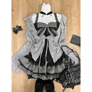 SweetLolitaLaceUpRufflesCardigan+SexySlimFitStraplessVestTops+HighWaistRuchedSkirtsEarlyAutumnThreePieceSetsClothesWomenswearShoujoGirlOutfitsLongSleeveCostumesGamisLight