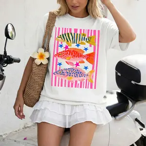 Preppy Fish  Tee, Colorful Coastal Graphic Shirt, Summer Vacation Tshirt, Girly Fishing Top
