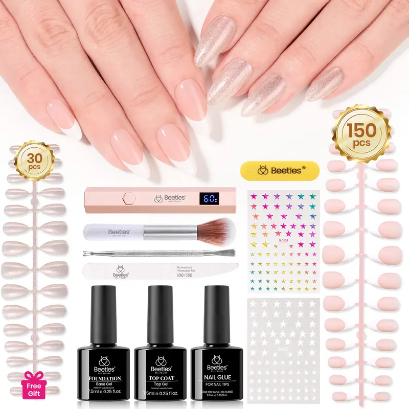 Beetles Soft Gel Nail Art Tips Kit, 150Pcs Nail Tips Press On Nails Kit with Nail Glue Top Coat Base Coat Handheld UV Light Nail Files and StickersAll-in-One DIY Nail Designs Gift for Women