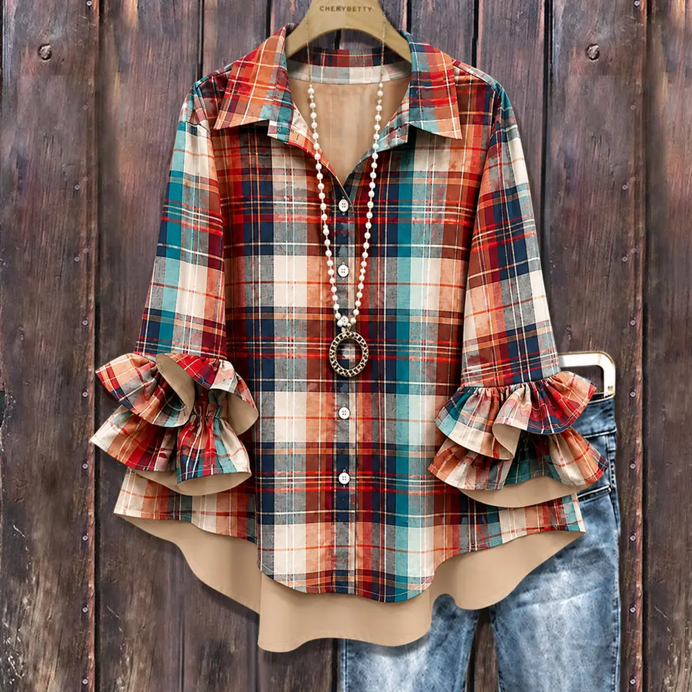Cherrybetty Colorful Autumn Plaid Ruffle Sleeve Oversized Blouse Outfit Inspo Women Going Out Tops Fall  Winter Outfits Fashion Comfort Elegant Outfits Collared