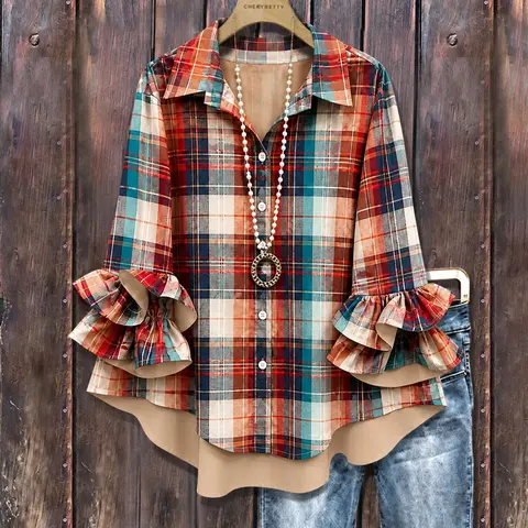 Cherrybetty Colorful Autumn Plaid Ruffle Sleeve Oversized Blouse Outfit Inspo Women Going Out Tops Fall  Winter Outfits Fashion Comfort Elegant Outfits Collared