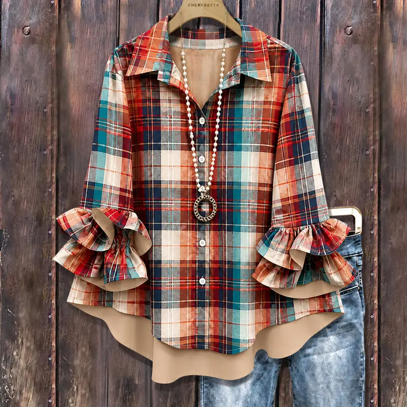 Cherrybetty Colorful Autumn Plaid Ruffle Sleeve Oversized Blouse Outfit Inspo Women Going Out Tops Fall  Winter Outfits Fashion Comfort Elegant Outfits Collared